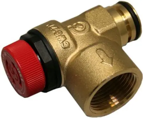Sicherheitsventil in Goldfarbe mit rotem Druckknopf. Ausführung mit Gewindeanschluss, geeignet für Anwendungen in Heizungs- und Sanitäranlagen von Bosch.